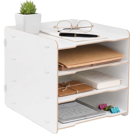 Relaxdays document tray, A4, 4 compartments, HxWxD 25 x 25 x 31 cm, MDF, tool-free assembly, office organiser, white (1/5)