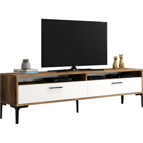 Dmora - Fernsehschrank Eltanin, Ständer für Wohnzimmerfernseher, Niedriges Wohnzimmer-Sideboard, TV-Ständerbasis, 47x35h180 cm, Walnuss und Weiß, mit verstärkter Verpackung