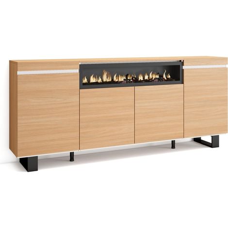 Skraut Home – Buffet salon et cuisine 200x35x87cm – 4 portes – Meuble de rangement en chêne clair et blanc mat – Design industriel moderne (1/5)