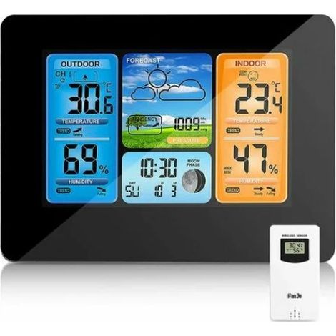 Estación meteorológica inalámbrica, reloj meteorológico digital a color con sensor exterior, termómetro interior/exterior con fecha, temperatura, humedad, barómetro, alarma, fase lunar y reloj meteoro (1/5)