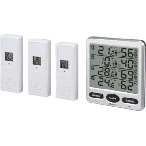 Termoigrometro digitale LCD wireless a 433 MHz per uso interno ed esterno con tre sensori remoti e funzione di allarme per il livello di comfort.