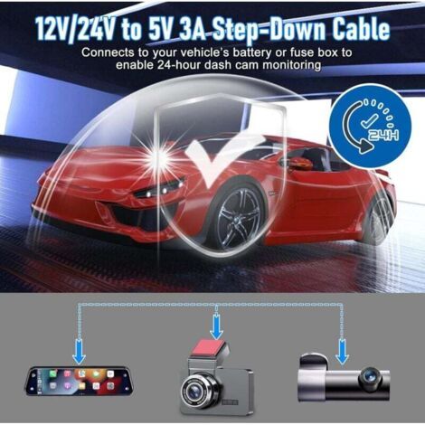 NALOOKAMIC  Dashcam Hardwire Kit de câblage 12 V-24 V vers 5 V 3 A avec indicateur de tension, tension réglable, mode stationnement 24H, protection contre la décharge de batterie, type C, démarrage (1/3)