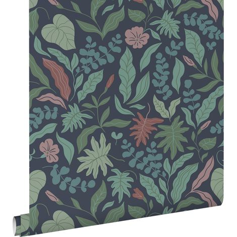 papier peint feuilles et fleurs bleu foncé, vert et rose - ESTAhome (1/5)