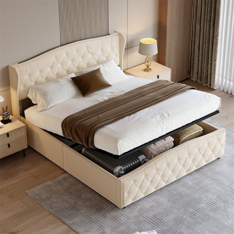 Cama 160 x 200 cm - cama con canapé 160 x 200 - con somier de láminas, cabecero y piecero con remaches - madera y franela - beige blanco (1/5)