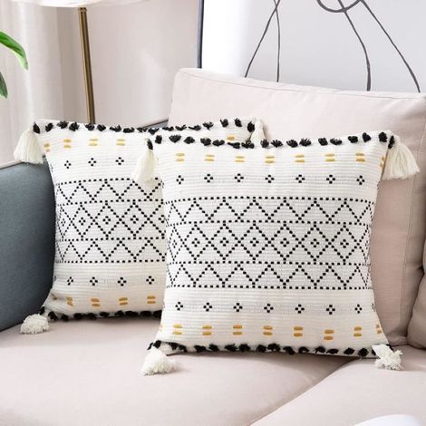 Housse de coussin - Moderne Bohème - Noir et Blanc - 45x45 cm - 2 pièces - Avec pompons (1/4)