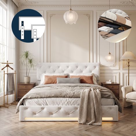Lit 140x190 avec sommier et rangement - NEXU - Éclairage LED - litcoffre 140x190 coffre - Tête de lit réglable - Lin Beige (1/5)