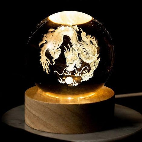Kristallkugellampe mit 3D-lasergraviertem Drachen, mehrfarbigem LED-Nachtlicht mit Holzsockel – ideal als Dekoration für Zuhause und als Geschenk zum Jahrestag.