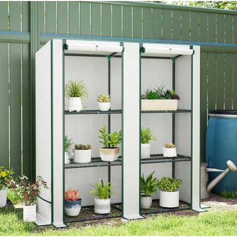 Serre de balcon en film 140 g/m² avec étagères, deux portes enroulables et structure en acier blanc, 144 x 48 x 152 cm - CHICFURN (1/5)