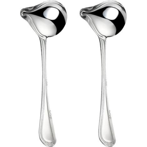 Set di 2 cucchiai da salsa e zuppa in acciaio inox argentato con beccuccio versatore e manico a gancio, mestoli da cucina per servire.