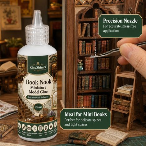 KineShineX Book Nook Miniatur-Buchstützenkleber 22 ml, feine Spitze, DIY-Holzbastelarbeiten (1/4)