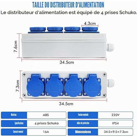 Répartiteur Mural Coffret Electrique Répartiteur de Courant Schuko Prises 4 x 220V IP54 Boîtes de Distribution Murale en Saillie pour une Utilisation en Atelier en Intérieur et en Extérieur (1/4)