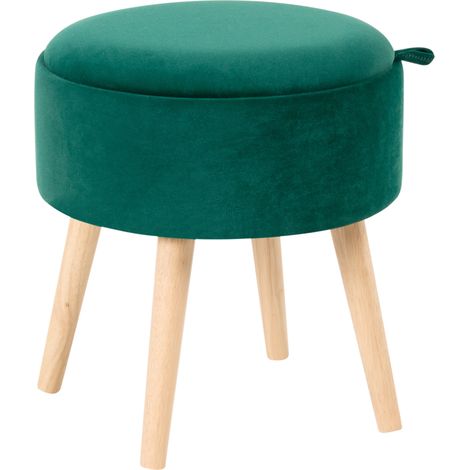 Puf taburete tapizado en terciopelo glamuroso con bandeja de almacenaje en la parte superior color liso verde esmeralda Neely