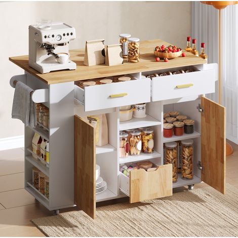 Isla de cocina móvil con encimera abatible, 120 x 45/71 x 90 cm, blanca OKMYHOME (1/5)