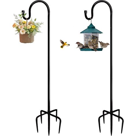 Juego de 2 ganchos de pastor ajustables en altura - Resistentes a la corrosión - 96 cm - Ganchos de jardín con base de 5 puntas para cestas de flores, comederos para pájaros y decoraciones - Negro (1/5)