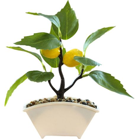 Citron artificiel en pot, plante fruitée artificielle réaliste, 16 cm, à fixer au mur, sur une étagère ou un rebord de fenêtre. (1/2)
