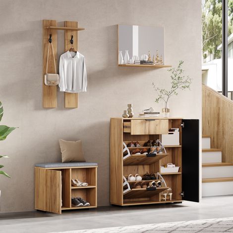 Meubles d’entrée avec 4 Portes, Banc à Chaussures, Miroir, 1 Tiroir et 2 Crochets, Style Moderne, en Panneaux de Particules, Naturel, 140×35×139 cm