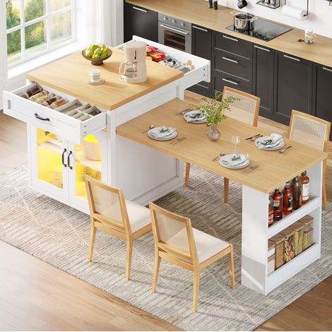 Îlot de cuisine extensible 126-196x70x94 cm MDF blanc, LED RGB, gain de place – MEUBLIV (1/5)