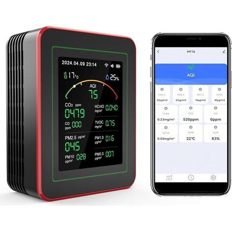 Moniteur de Qualité de l'Air 15-en-1 avec Application Smartphone – Capteur CO₂, Mesure PM2.5/PM10, VOC, HCHO, Analyseur de Qualité de l’Air Intérieur avec AQI en Temps Réel pour la Maison