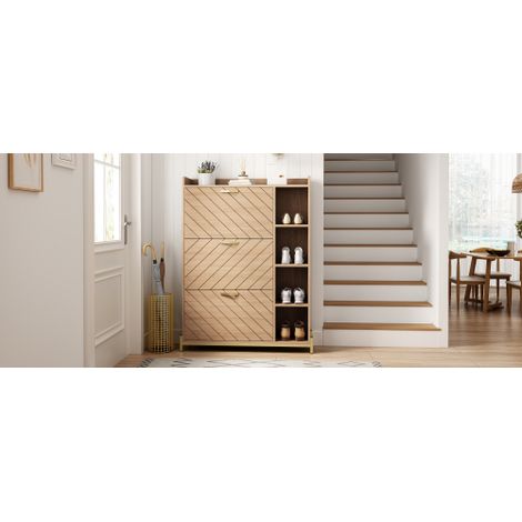 Meuble à chaussures de style nordique avec abattant supérieur, finition aspect chêne, 3 portes, grande capacité, meuble d'entrée ultra-fin, étagères latérales ouvertes — Meuble de rangement pour entré (1/5)