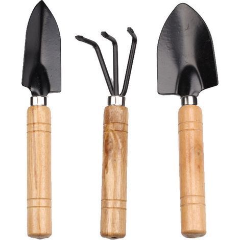 pair Outils de jardin manche en bois épais râteau à trois dents pelle pointue grand ensemble de trois pièces de jardinage noir mini ensemble de pelle à fleurs de sol multi-succulent (1/5)
