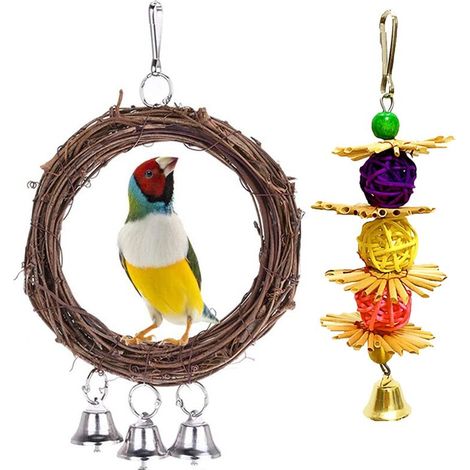 Lot de 2 balançoires suspendues en coton naturel pour perroquets, perruches et aras, avec corde en coton. Convient également aux cages de calopsittes colorées. (1/5)