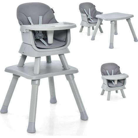 COSTWAY Seggiolone Pappa per Bambini 6 in 1, Seggiolone per Neonati Convertibile, Tavolo per Costruzioni per Bambini, con Imbracatura a 5 Punti, per Bambini da 6 Mesi fino 3 Anni (Grigio)