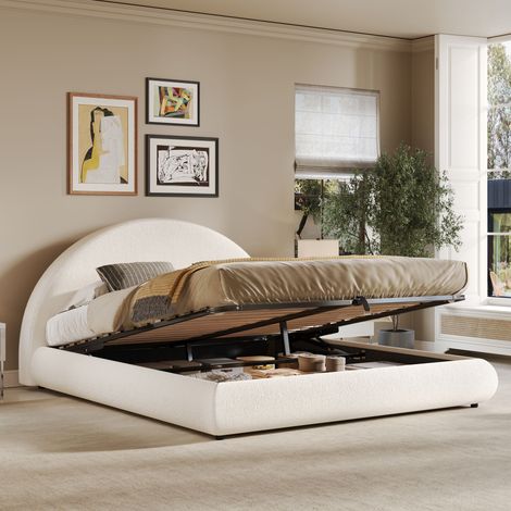 Cama adulta de 180x200 cm con compartimento de almacenamiento, somier de láminas, cabecero de 106 cm, tapizada en tela blanca con bucles. (1/5)