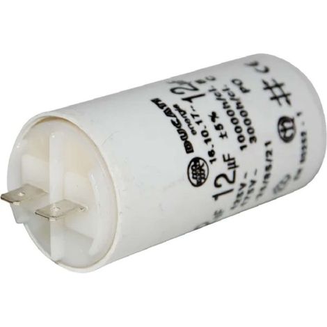Condensador de arranque universal de 12 µF y 450 V – Ø36 mm, longitud 70 mm, montaje M8, 2 terminales – Compatible con aparatos eléctricos. (1/2)