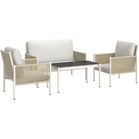 Salon De Jardin Avec Canapé 2 Places, Fauteuils, Table En Verre Et Coussins Pour 4 Personnes – Brun + Gris
