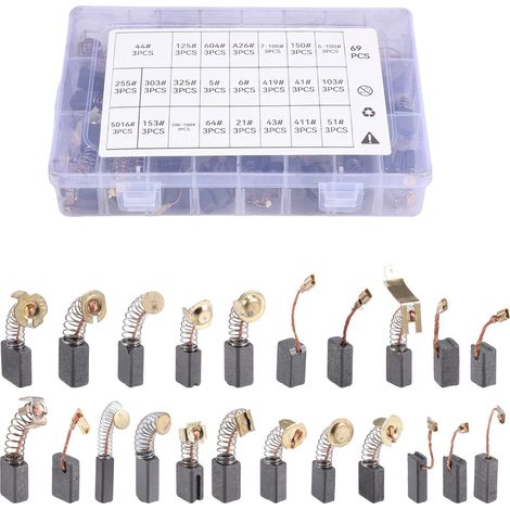 Lot 69 Balais Charbon 23 Tailles, Charbon Moteur pour Meuleuse Perceuse Outils Électriques Pièces Rechange