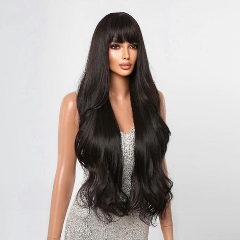 Damenperücke, 76 cm lang, schwarzes lockiges Haar mit Pony, natürlich aussehende Wellen, hitzebeständig.