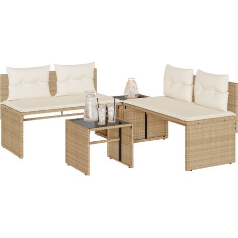 4-tlg. Garten-Sofagarnitur mit Kissen Beige Poly Rattan