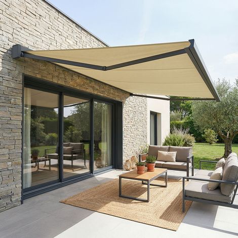 Store banne coffre intégral SOA (Motorisation à télécommande + Manœuvre de secours + LED - Gris anthracite RAL 7016 - Écru 250g/m² - 3.00 x 2.00 m)