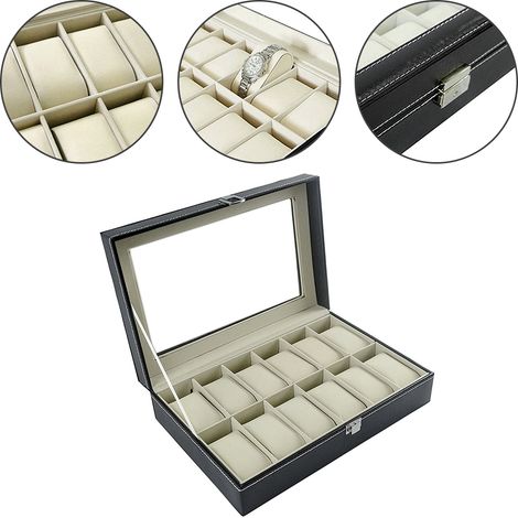 Boîte à Montres, Boite de Rangement, Présentoir Montres, Coffret à Montres, Écrin - 10 Coussins - noir (1/4)