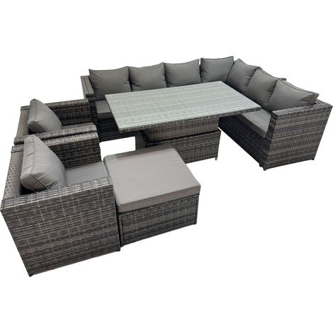 Fimous 9 Seater Rattan Height Adjustable Rising Lifting Table Corner Sofa Sets with 2 Chairs Big Stool Dark Grey Mixed (1/5)