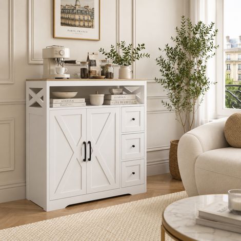 Buffet Cuisine rustique 3 tiroirs, Armoire Salle à Manger 100 x 40 x 105 cm, Meuble de rangement, pour Salon, Chambre, Entrée, avec Porte et Étagère Réglable, blanc (1/5)