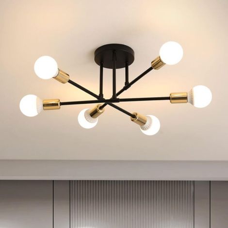 Vintage industrial metal chandelier with 6 lights, E27 socket, suitable for living room, bedroom, kitchen, etc., black and gold, bulb not included (1/5)