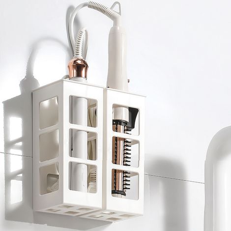 Boîte de rangement pour outils de coiffure, support de rangement pour fer à friser et lisseur, boîte murale pour salle de bain, sans perçage, blanche. (1/4)