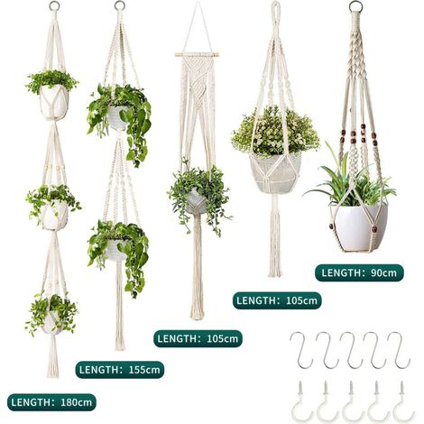 Set di corde di cotone intrecciate a mano - Creazioni originali - Cesti appesi per vasi di fiori - Decorazione per balconi - Vasi di fiori in corda di cotone - Rete sospesa (1/4)