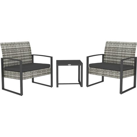 3-teiliges Gartenmöbelset: 2 Stühle mit Kissen + Couchtisch mit Tischplatte aus gehärtetem Glas, hellgraues Kunstharzgewebe