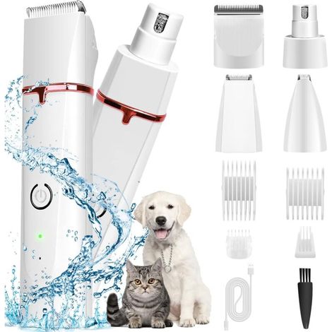 Tondeuse pour Chien IPX7 Étanche 4 en 1 Coupe-Ongles Électrique Chat Rechargeable Faible Bruit avec 4 Accessoires de Peigne Différents pour Chiens Chats Patte Corps Visage etc (1/5)
