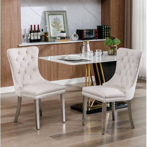 Sedia da pranzo in velluto beige con struttura in legno massello, schienale alto e piedini regolabili,65×50×95cm (1/5)