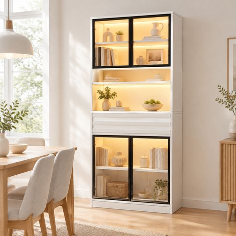 Vitrine 80 x 35 x 200 cm, 4 portes vitrées, tiroir et LED RGB, blanche OKMYHOME (1/5)