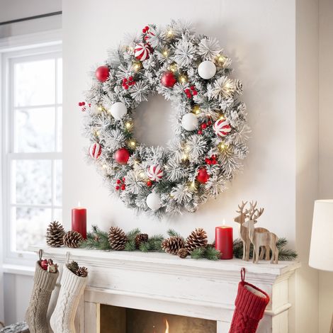 Couronne de Noël Lumineuse 60 cm Enneigée Floquée avec 50 LED, 15 Boules Décoratives, 8 Modes (1/5)