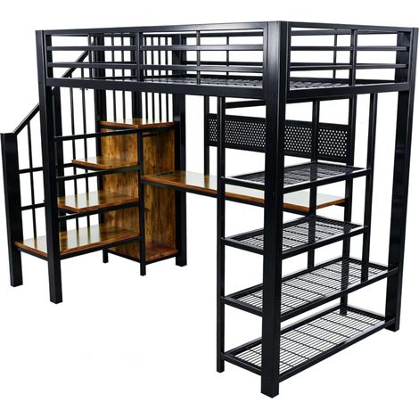 GagaLit mezzanine métal 90x200 cm, bureau, étagères, LED, noir (1/5)