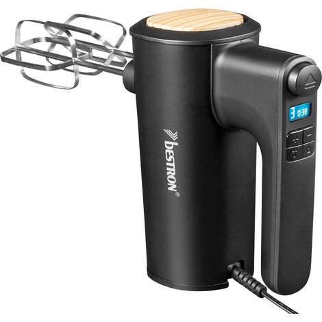 Batteur electrique cuisine, Batteur mixeur à main puissant avec 6 vitesses, fonction turbo et écran LCD, livré avec 2 fouets et 2 crochets pétrisseurs, poids léger de 1 kg, couleur: Noir/Bois (1/5)