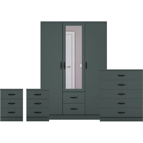 Riano 4 Piece Bedroom Set (3 Drw Bedside Chest, 5 Drw Chest, 3 Dr 2 Drw Mirrored Wardrobe), Green (1/3)