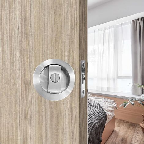 Serrure de porte coulissante Ronde poignée avec serrure porte coulissante 66mm Argent Poignée de porte Serrure invisible Poignées de porte de sans clé (1/5)