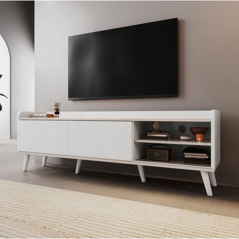 Meuble TV style scandinave avec 2 portes 2 tiroirs, adapté aux téléviseurs de 40-49 pouces, 160×40×58cm, blanc+naturel (1/5)