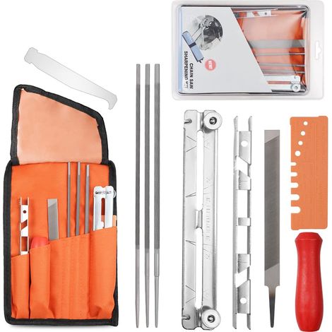Kit d’affûtage de Chaîne, 10pcs Affûteuse pour Tronçonneuse, Kit Affutage Chaine Tronçonneuse Portable avec Lime Plate Manche Limes Rondes et Pochette Affûteuse (1/5)